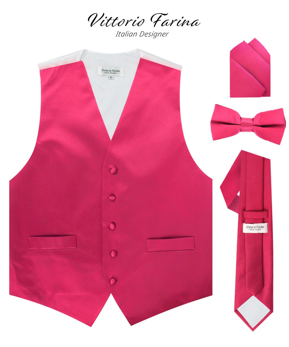 Vittorio Farina Men's Satin Vest, Necktie, Bow Tie and Pocket Square Set (White Back) - vest_plain_WB_hotpink_XS - Classy Cufflinks