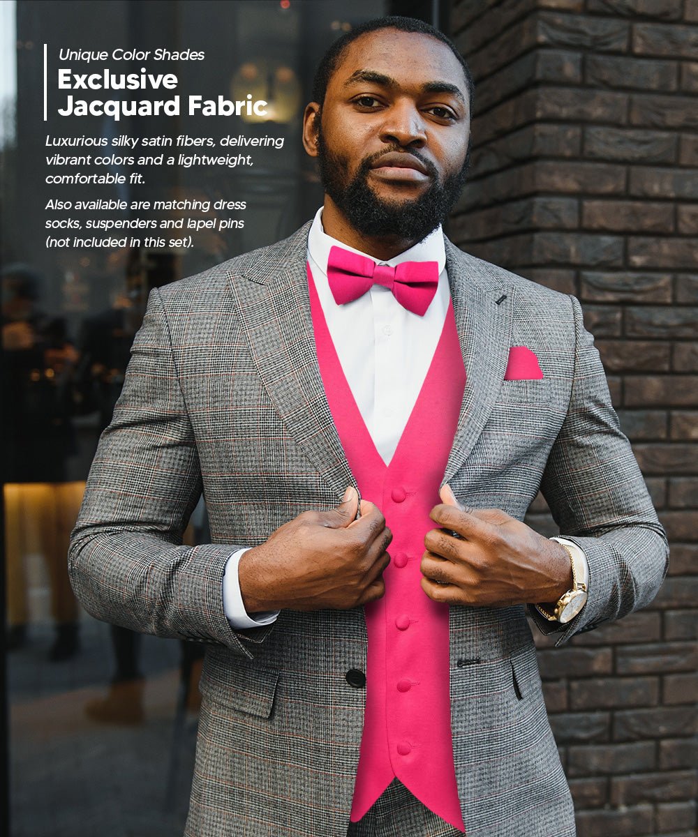 Vittorio Farina Men's Satin Vest, Necktie, Bow Tie and Pocket Square Set (White Back) - vest_plain_WB_hotpink_XS - Classy Cufflinks