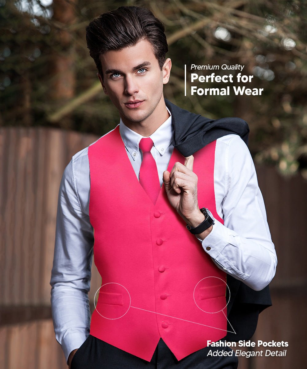 Vittorio Farina Men's Satin Vest, Necktie, Bow Tie and Pocket Square Set (White Back) - vest_plain_WB_hotpink_XS - Classy Cufflinks