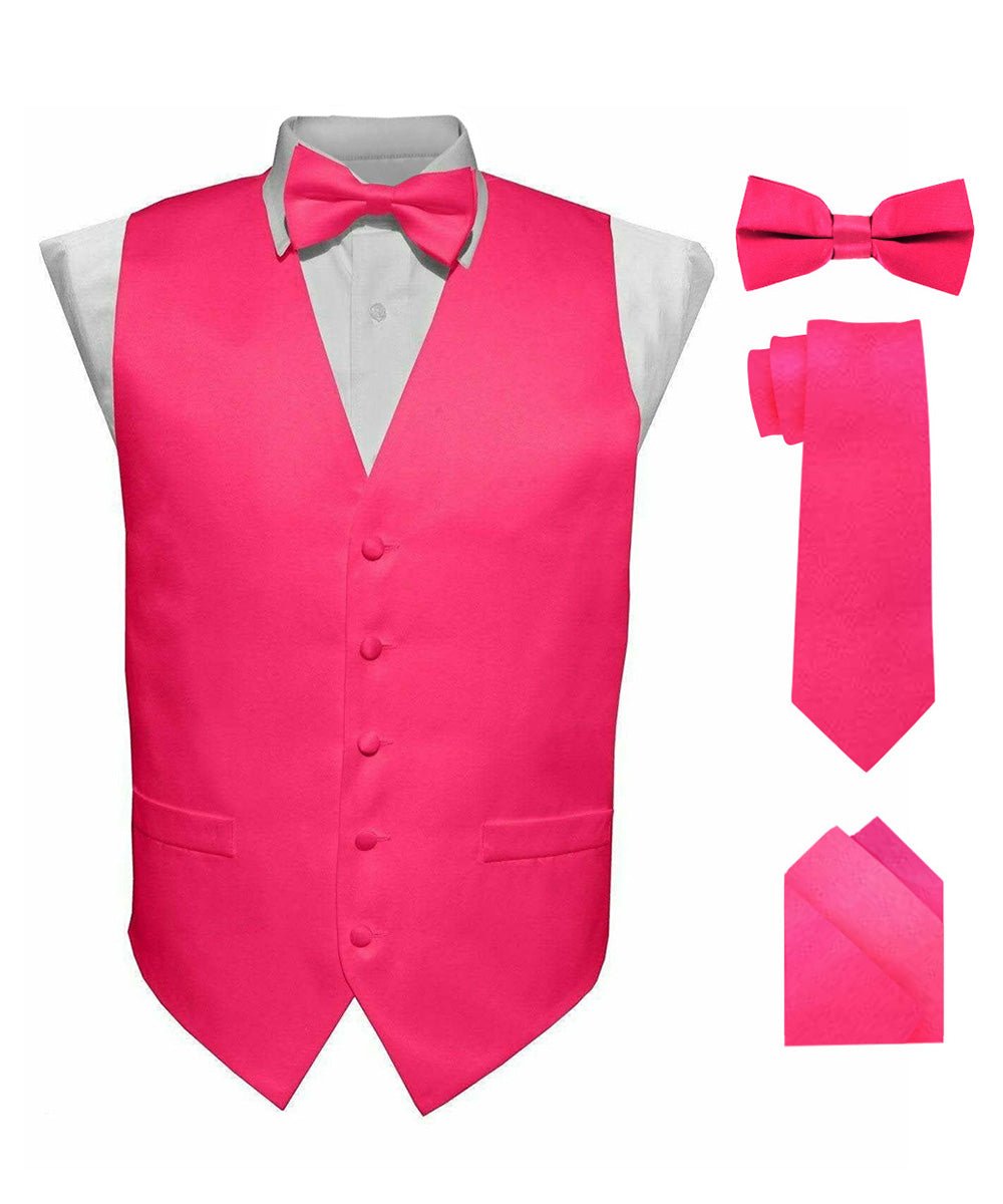 Vittorio Farina Men's Satin Vest, Necktie, Bow Tie and Pocket Square Set (White Back) - vest_plain_WB_hotpink_XS - Classy Cufflinks
