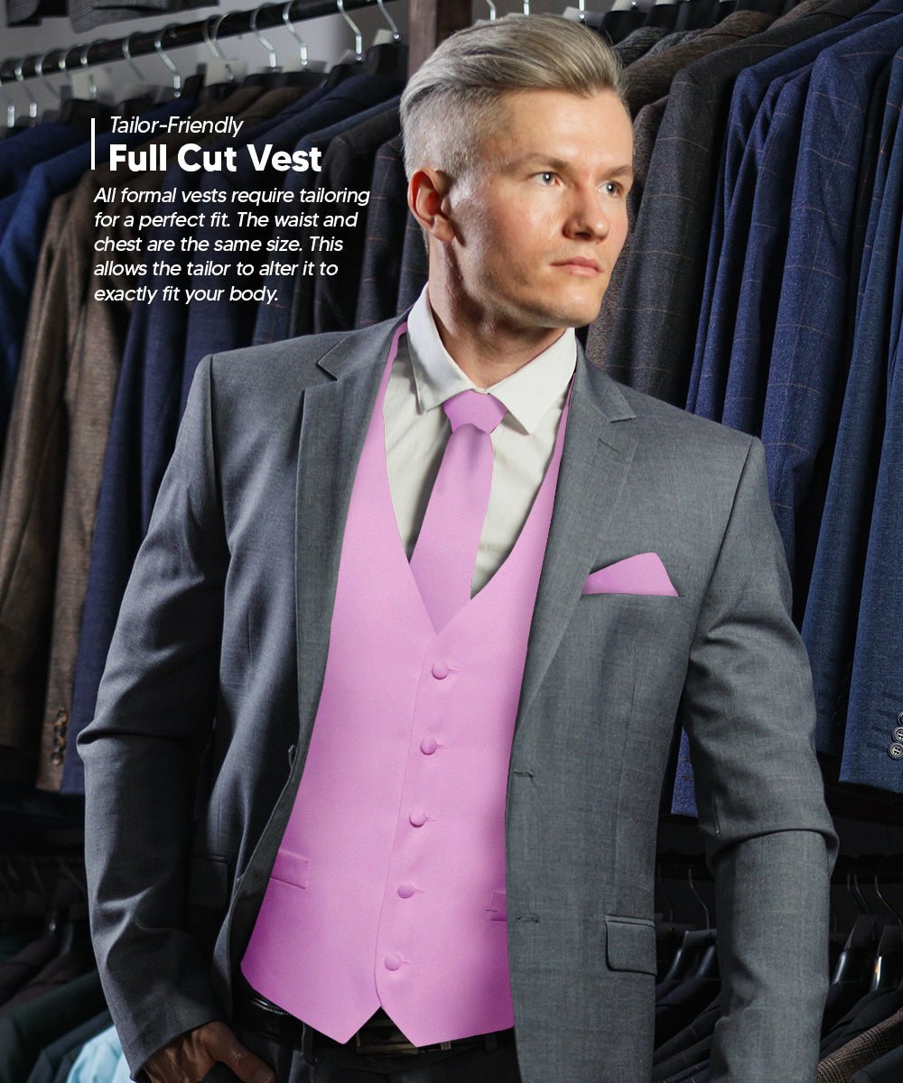 Vittorio Farina Men's Satin Vest, Necktie, Bow Tie and Pocket Square Set (White Back) - vest_plain_WB_lavender_XS - Classy Cufflinks