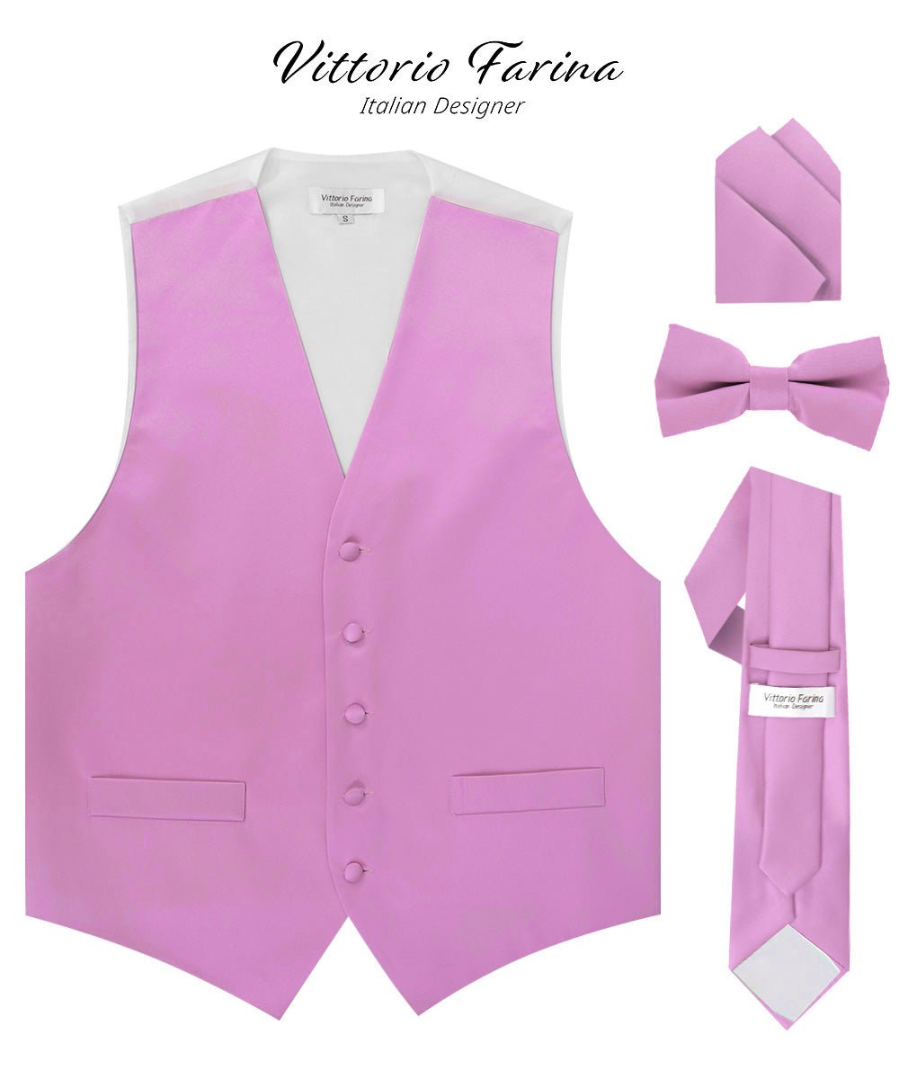 Vittorio Farina Men's Satin Vest, Necktie, Bow Tie and Pocket Square Set (White Back) - vest_plain_WB_lavender_XS - Classy Cufflinks