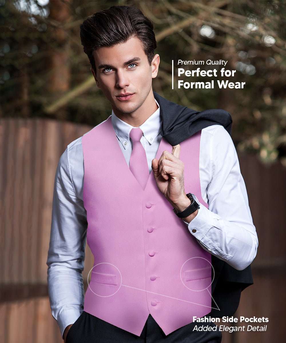 Vittorio Farina Men's Satin Vest, Necktie, Bow Tie and Pocket Square Set (White Back) - vest_plain_WB_lavender_XS - Classy Cufflinks