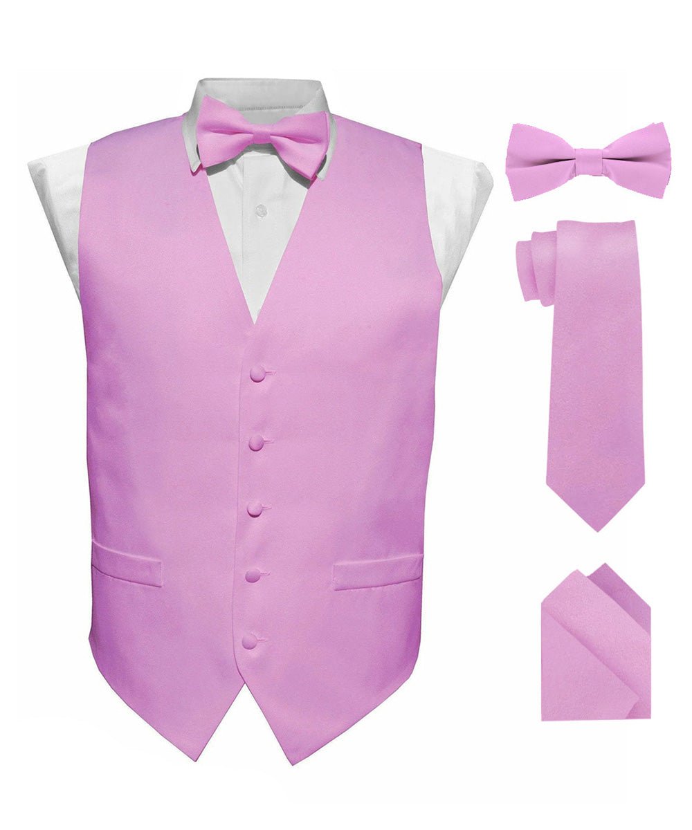 Vittorio Farina Men's Satin Vest, Necktie, Bow Tie and Pocket Square Set (White Back) - vest_plain_WB_lavender_XS - Classy Cufflinks