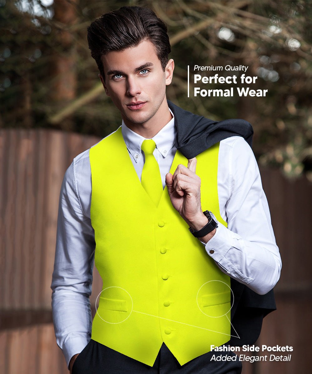 Vittorio Farina Men's Satin Vest, Necktie, Bow Tie and Pocket Square Set (White Back) - vest_plain_WB_lemon_XS - Classy Cufflinks