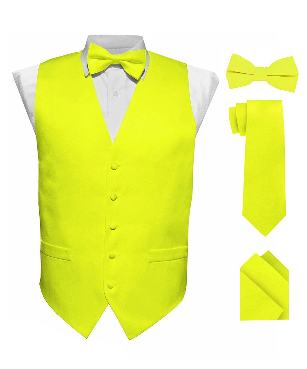 Vittorio Farina Men's Satin Vest, Necktie, Bow Tie and Pocket Square Set (White Back) - vest_plain_WB_lemon_XS - Classy Cufflinks