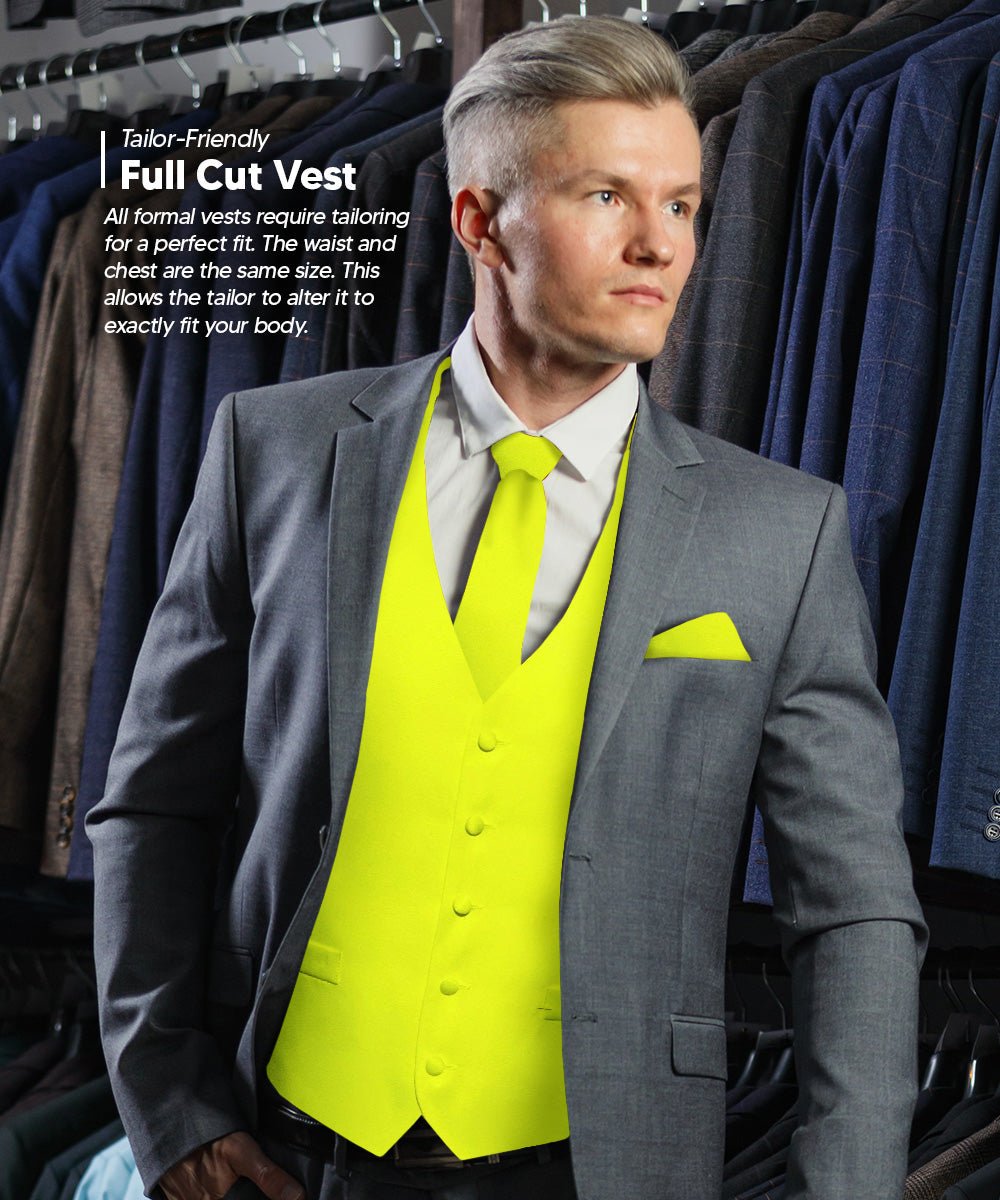 Vittorio Farina Men's Satin Vest, Necktie, Bow Tie and Pocket Square Set (White Back) - vest_plain_WB_lemon_XS - Classy Cufflinks