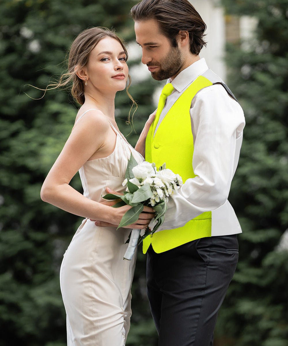 Vittorio Farina Men's Satin Vest, Necktie, Bow Tie and Pocket Square Set (White Back) - vest_plain_WB_lemon_XS - Classy Cufflinks