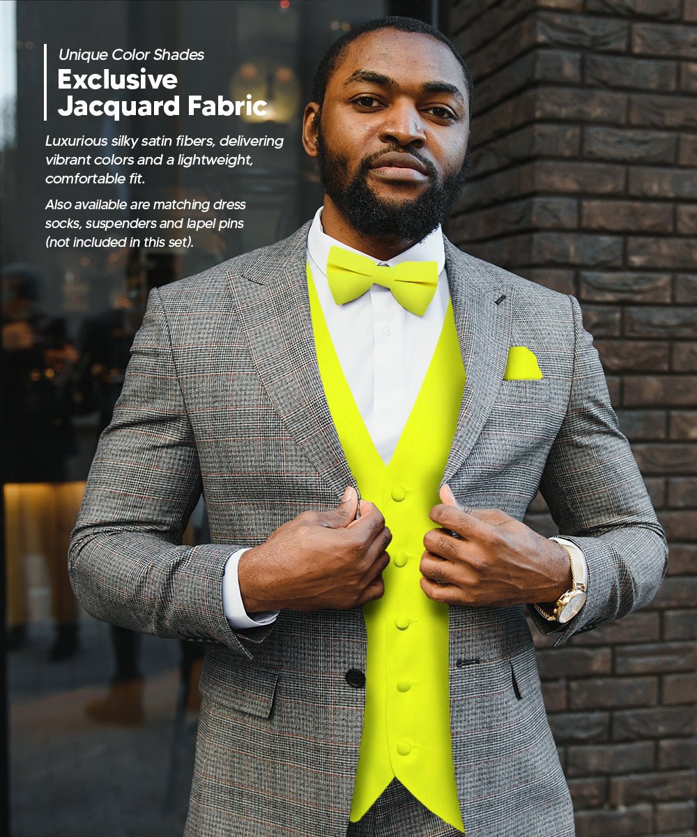 Vittorio Farina Men's Satin Vest, Necktie, Bow Tie and Pocket Square Set (White Back) - vest_plain_WB_lemon_XS - Classy Cufflinks