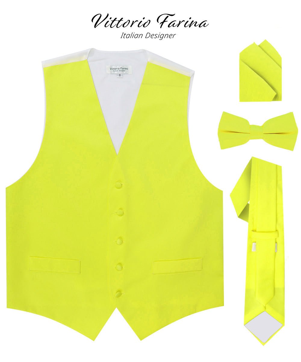 Vittorio Farina Men's Satin Vest, Necktie, Bow Tie and Pocket Square Set (White Back) - vest_plain_WB_lemon_XS - Classy Cufflinks