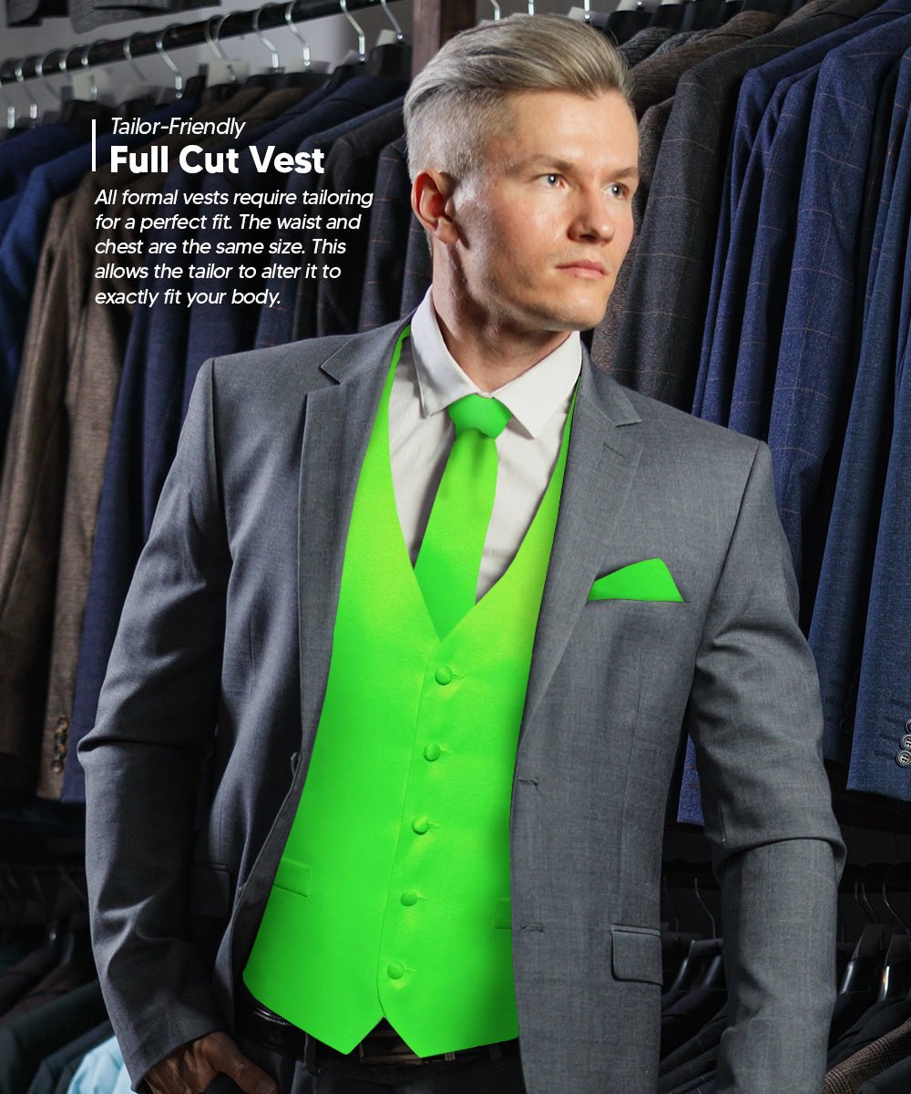 Vittorio Farina Men's Satin Vest, Necktie, Bow Tie and Pocket Square Set (White Back) - vest_plain_WB_lime_XS - Classy Cufflinks