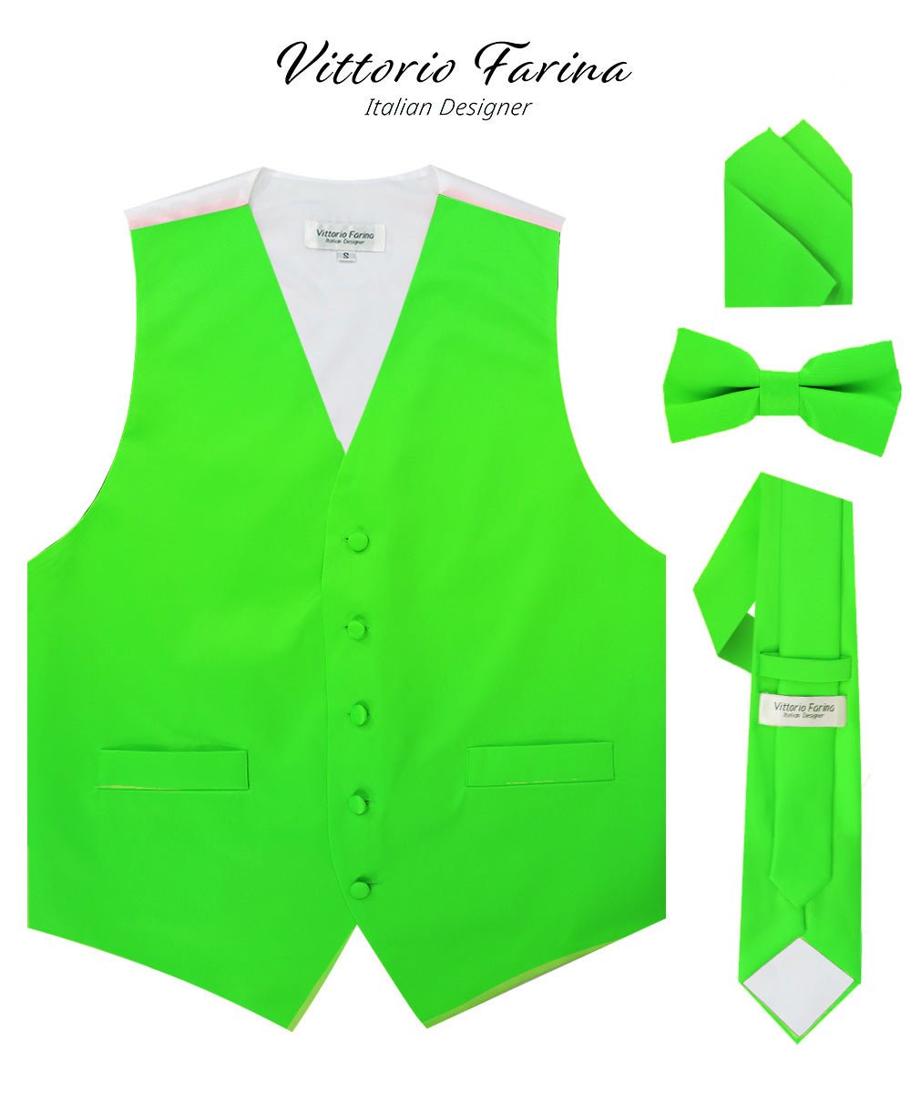 Vittorio Farina Men's Satin Vest, Necktie, Bow Tie and Pocket Square Set (White Back) - vest_plain_WB_lime_XS - Classy Cufflinks