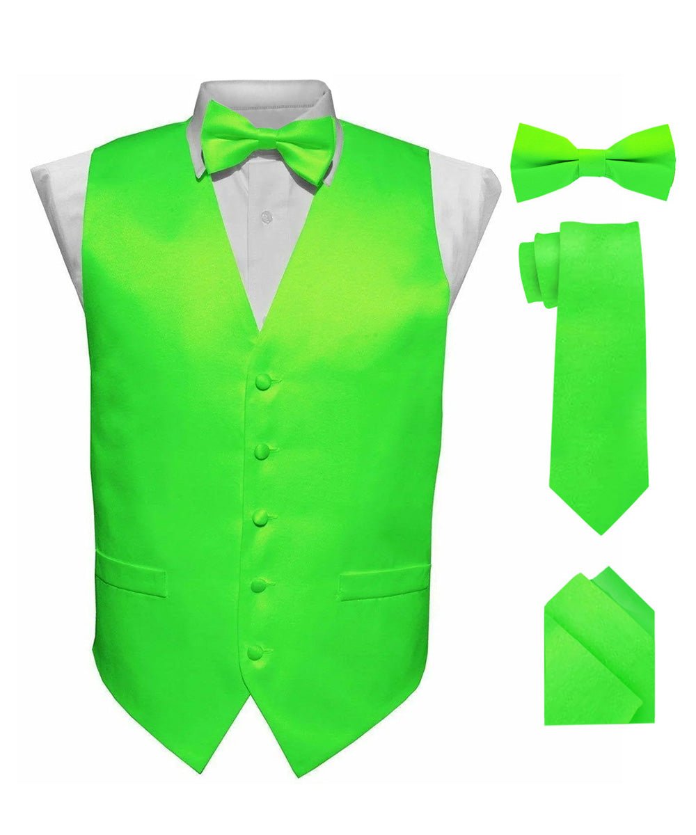 Vittorio Farina Men's Satin Vest, Necktie, Bow Tie and Pocket Square Set (White Back) - vest_plain_WB_lime_XS - Classy Cufflinks