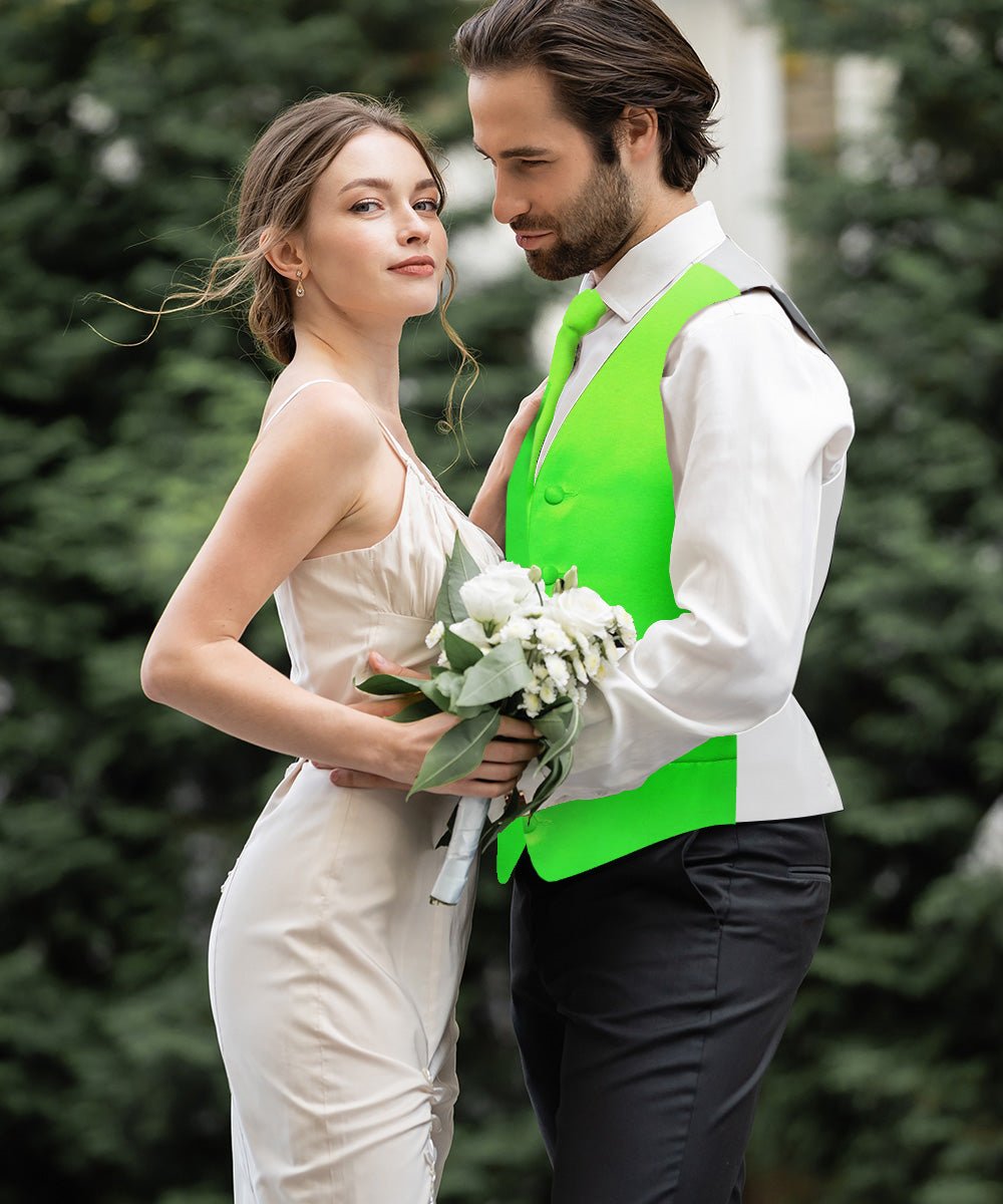 Vittorio Farina Men's Satin Vest, Necktie, Bow Tie and Pocket Square Set (White Back) - vest_plain_WB_lime_XS - Classy Cufflinks