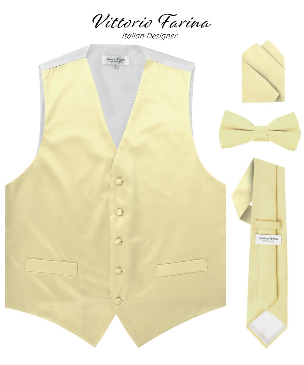 Vittorio Farina Men's Satin Vest, Necktie, Bow Tie and Pocket Square Set (White Back) - vest_plain_WB_maize_XS - Classy Cufflinks