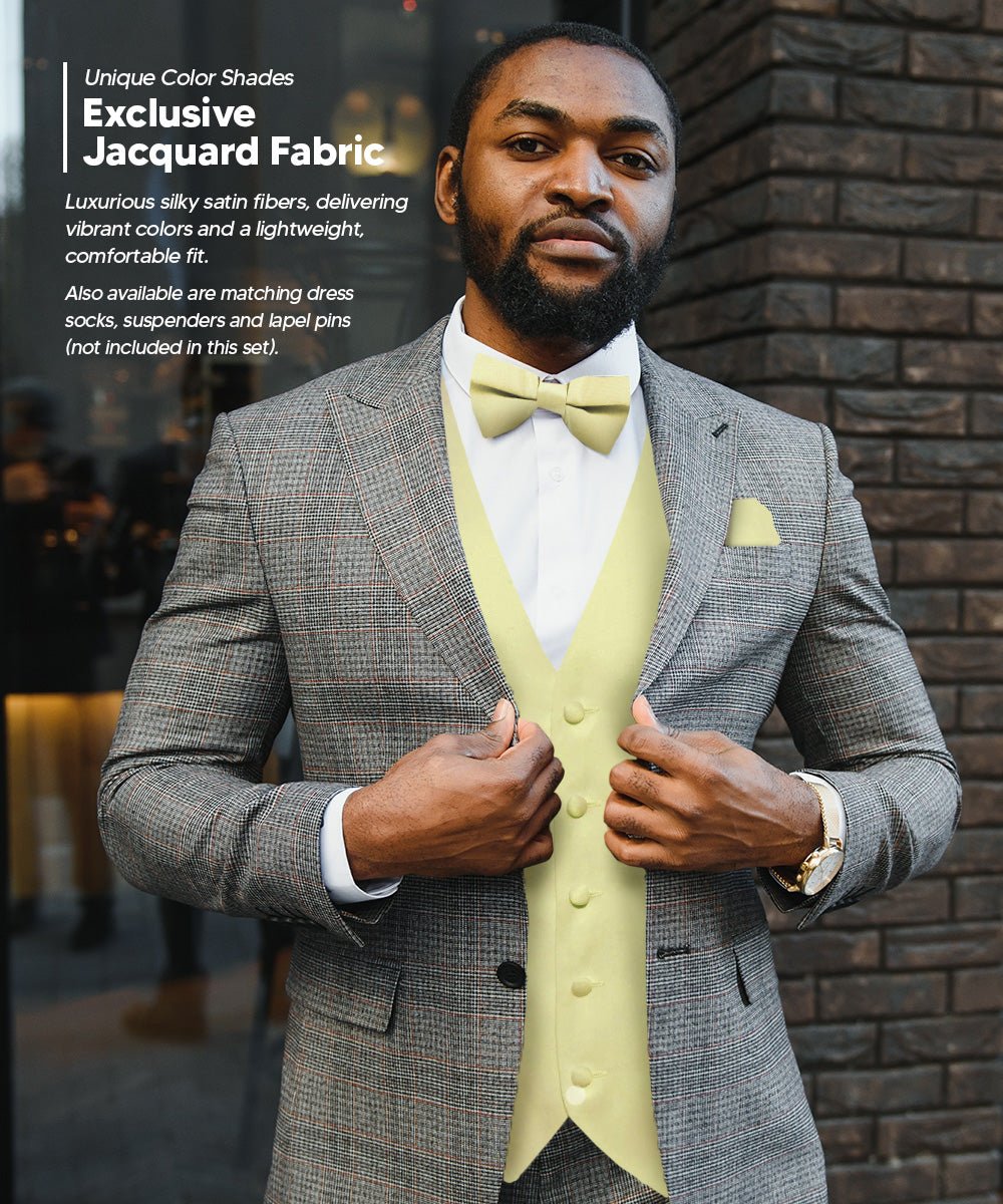 Vittorio Farina Men's Satin Vest, Necktie, Bow Tie and Pocket Square Set (White Back) - vest_plain_WB_maize_XS - Classy Cufflinks