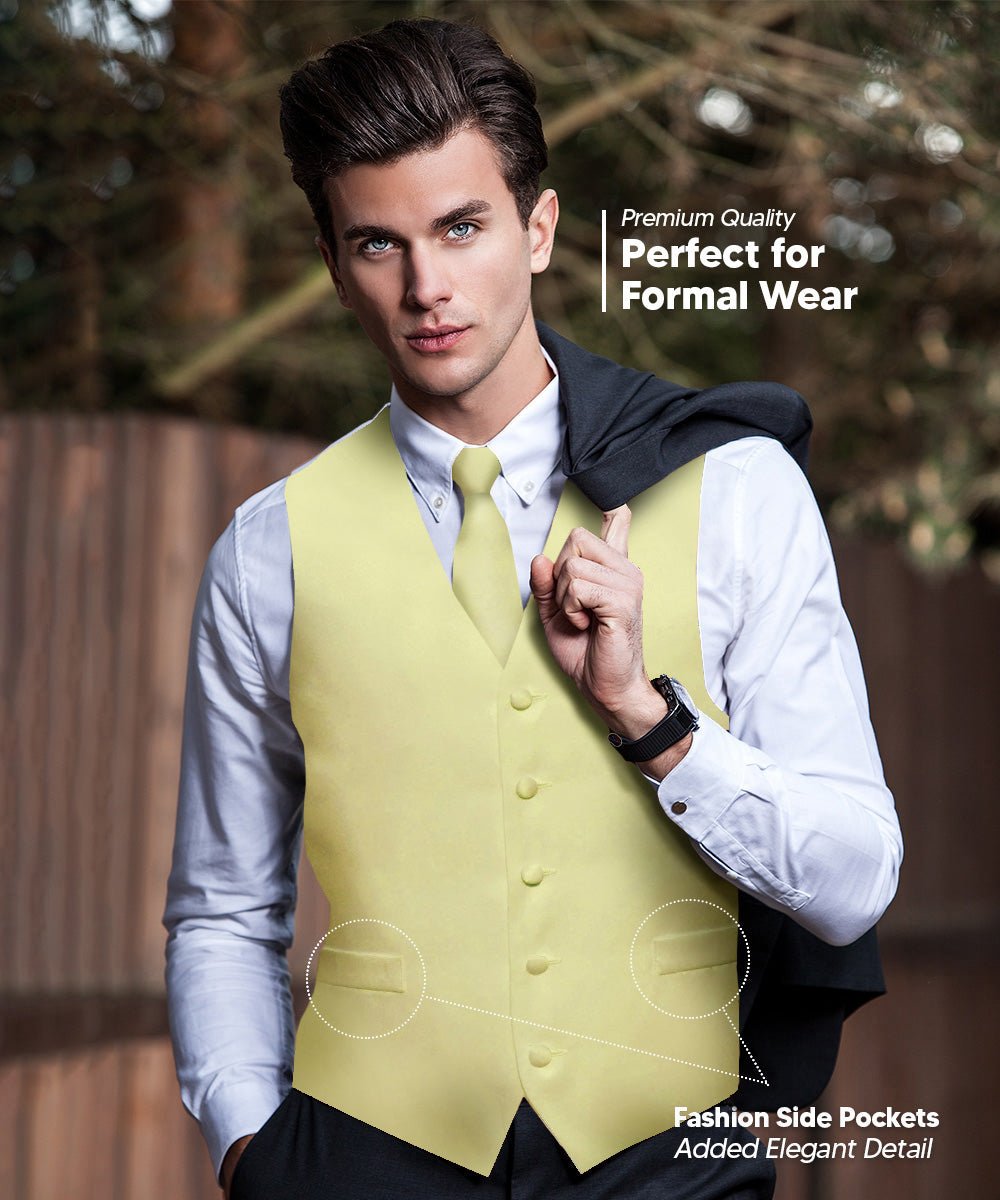 Vittorio Farina Men's Satin Vest, Necktie, Bow Tie and Pocket Square Set (White Back) - vest_plain_WB_maize_XS - Classy Cufflinks