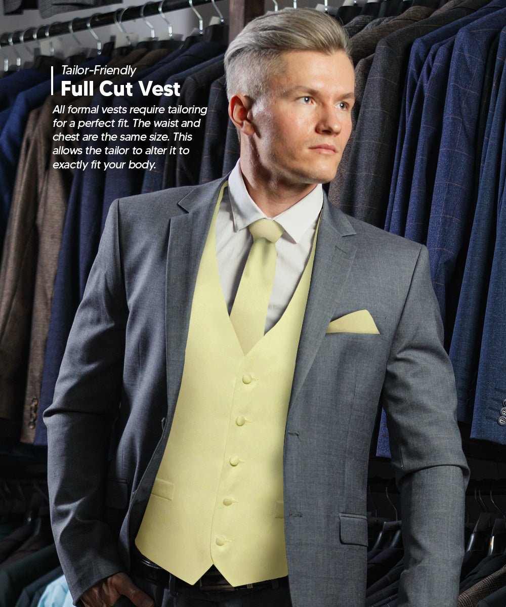 Vittorio Farina Men's Satin Vest, Necktie, Bow Tie and Pocket Square Set (White Back) - vest_plain_WB_maize_XS - Classy Cufflinks