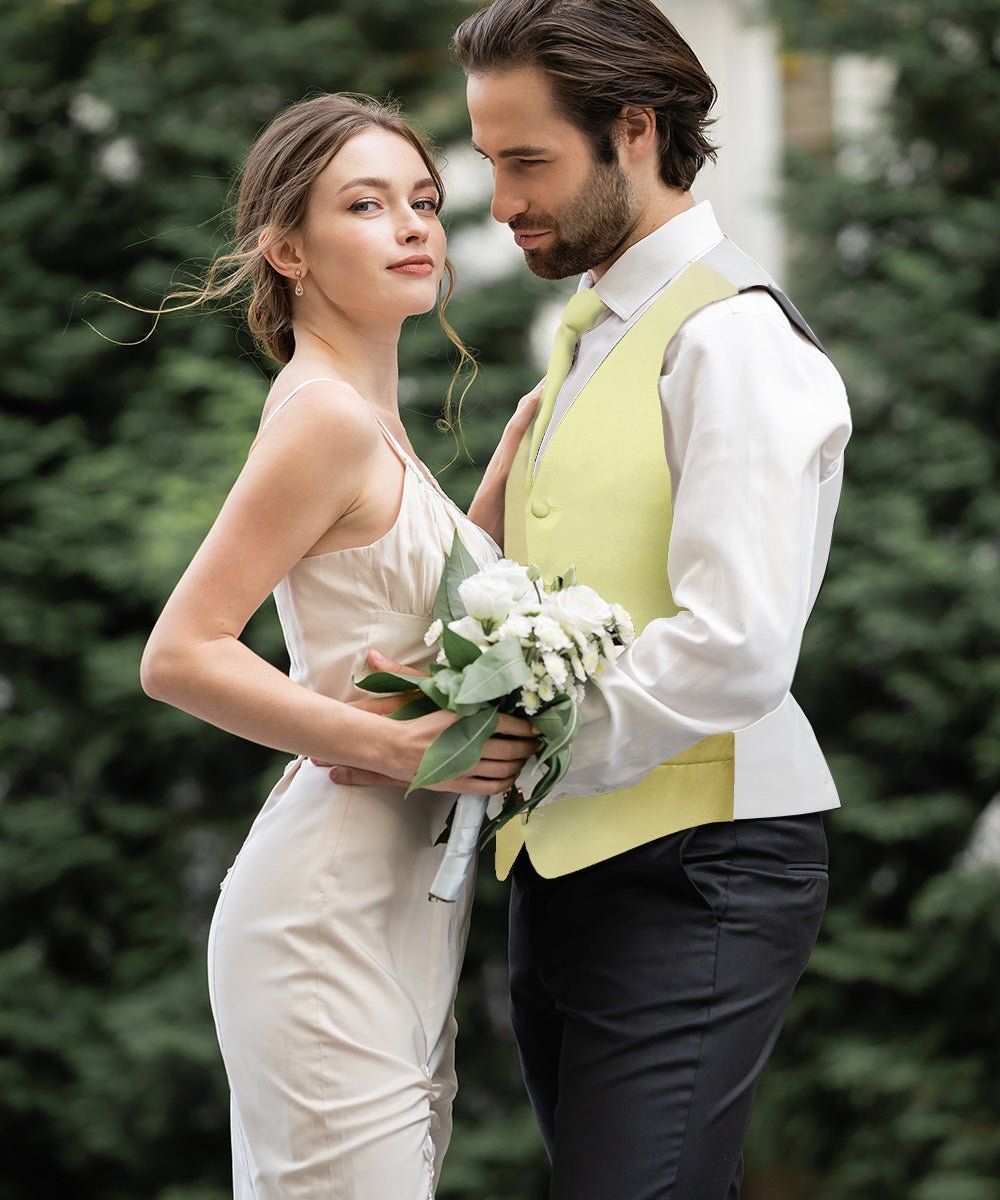 Vittorio Farina Men's Satin Vest, Necktie, Bow Tie and Pocket Square Set (White Back) - vest_plain_WB_maize_XS - Classy Cufflinks