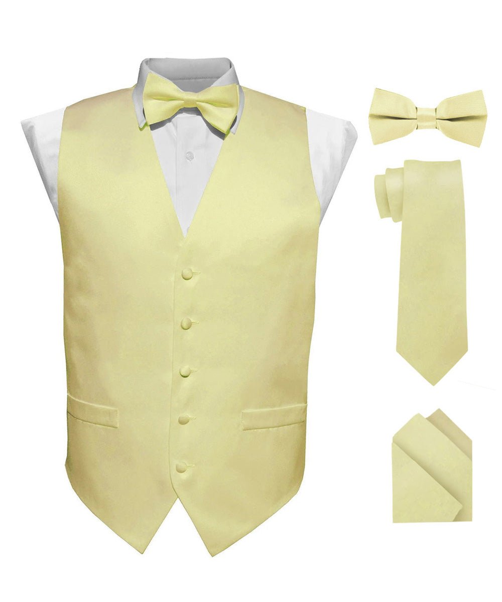 Vittorio Farina Men's Satin Vest, Necktie, Bow Tie and Pocket Square Set (White Back) - vest_plain_WB_maize_XS - Classy Cufflinks
