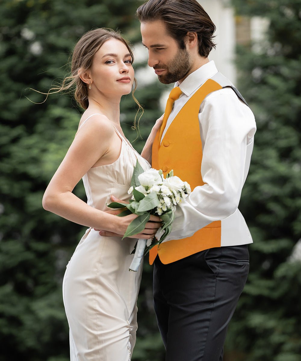 Vittorio Farina Men's Satin Vest, Necktie, Bow Tie and Pocket Square Set (White Back) - vest_plain_WB_mustard_XS - Classy Cufflinks