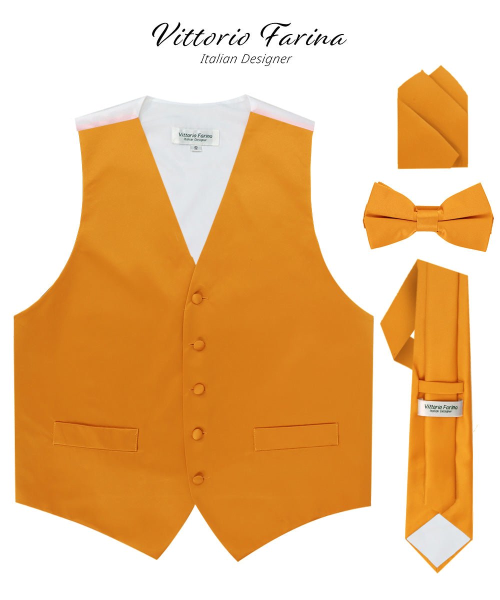 Vittorio Farina Men's Satin Vest, Necktie, Bow Tie and Pocket Square Set (White Back) - vest_plain_WB_mustard_XS - Classy Cufflinks
