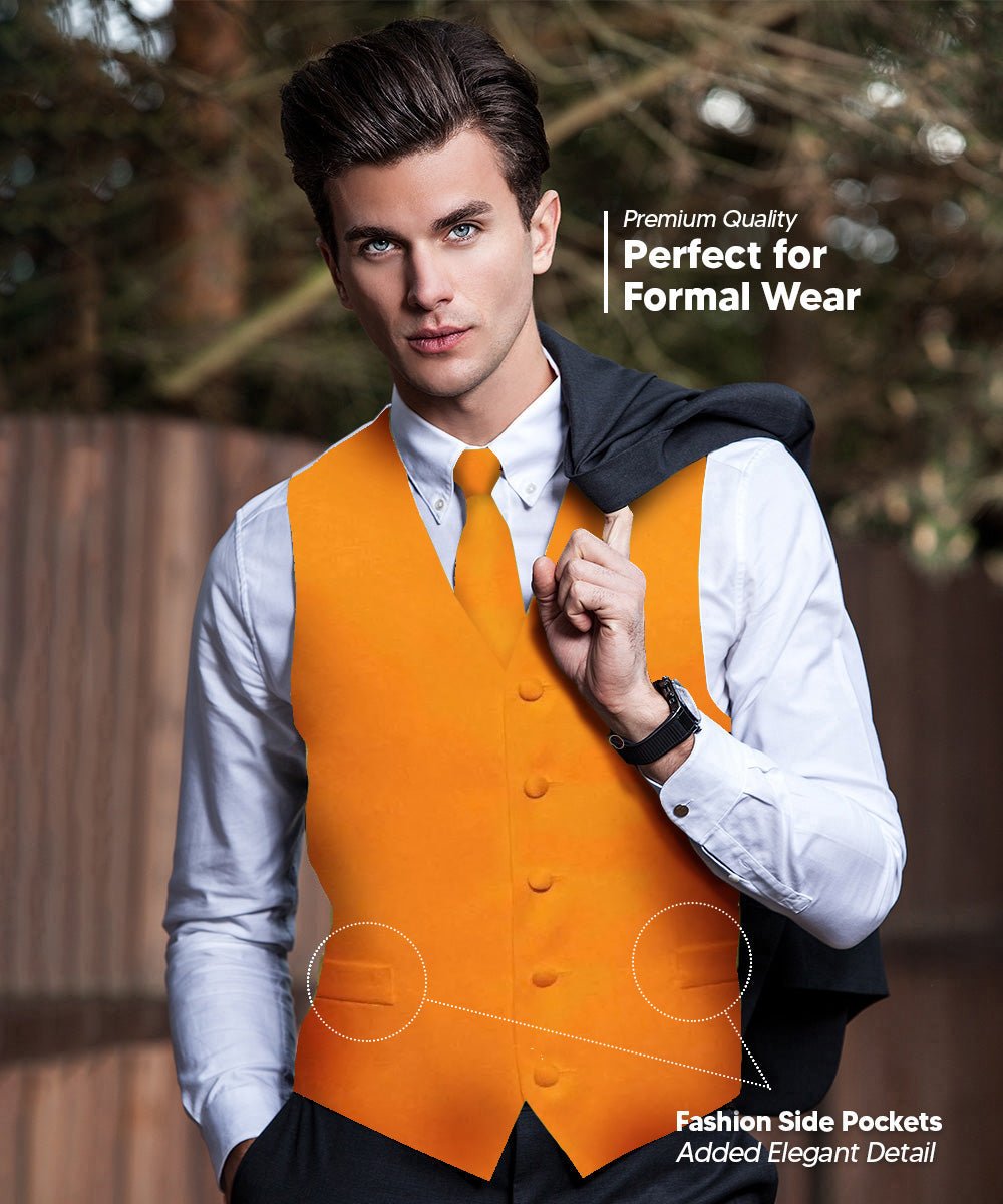 Vittorio Farina Men's Satin Vest, Necktie, Bow Tie and Pocket Square Set (White Back) - vest_plain_WB_orange_XS - Classy Cufflinks