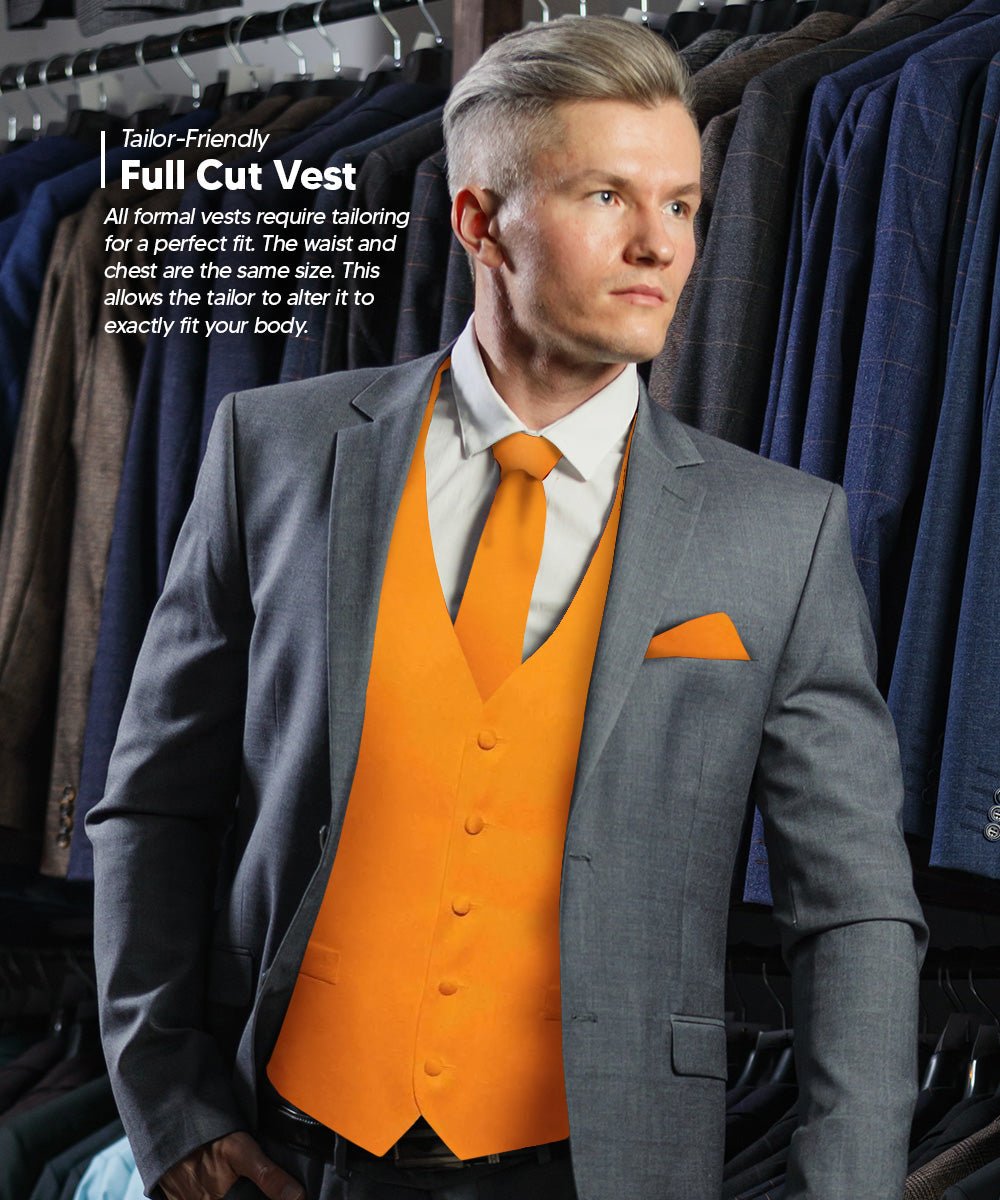 Vittorio Farina Men's Satin Vest, Necktie, Bow Tie and Pocket Square Set (White Back) - vest_plain_WB_orange_XS - Classy Cufflinks