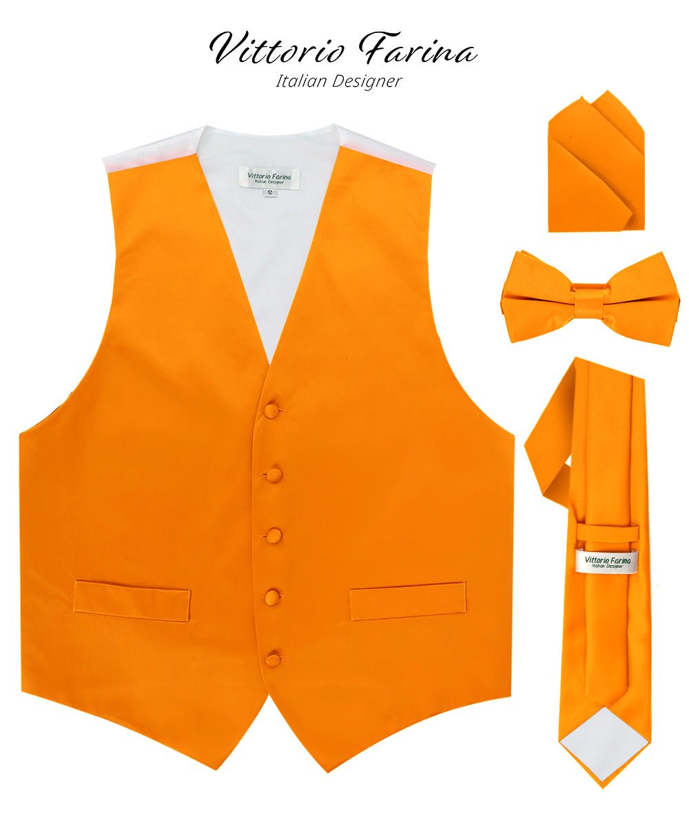 Vittorio Farina Men's Satin Vest, Necktie, Bow Tie and Pocket Square Set (White Back) - vest_plain_WB_orange_XS - Classy Cufflinks