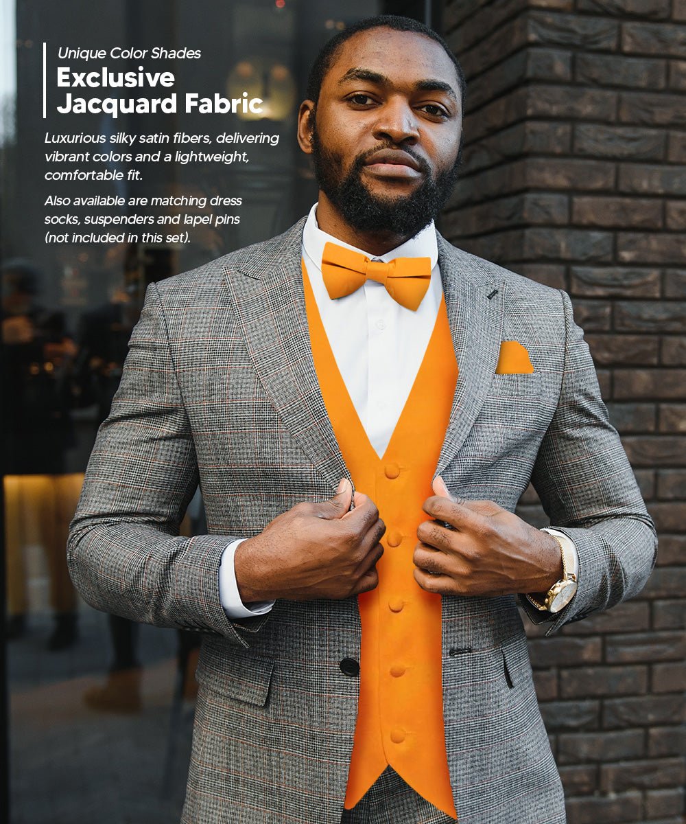 Vittorio Farina Men's Satin Vest, Necktie, Bow Tie and Pocket Square Set (White Back) - vest_plain_WB_orange_XS - Classy Cufflinks