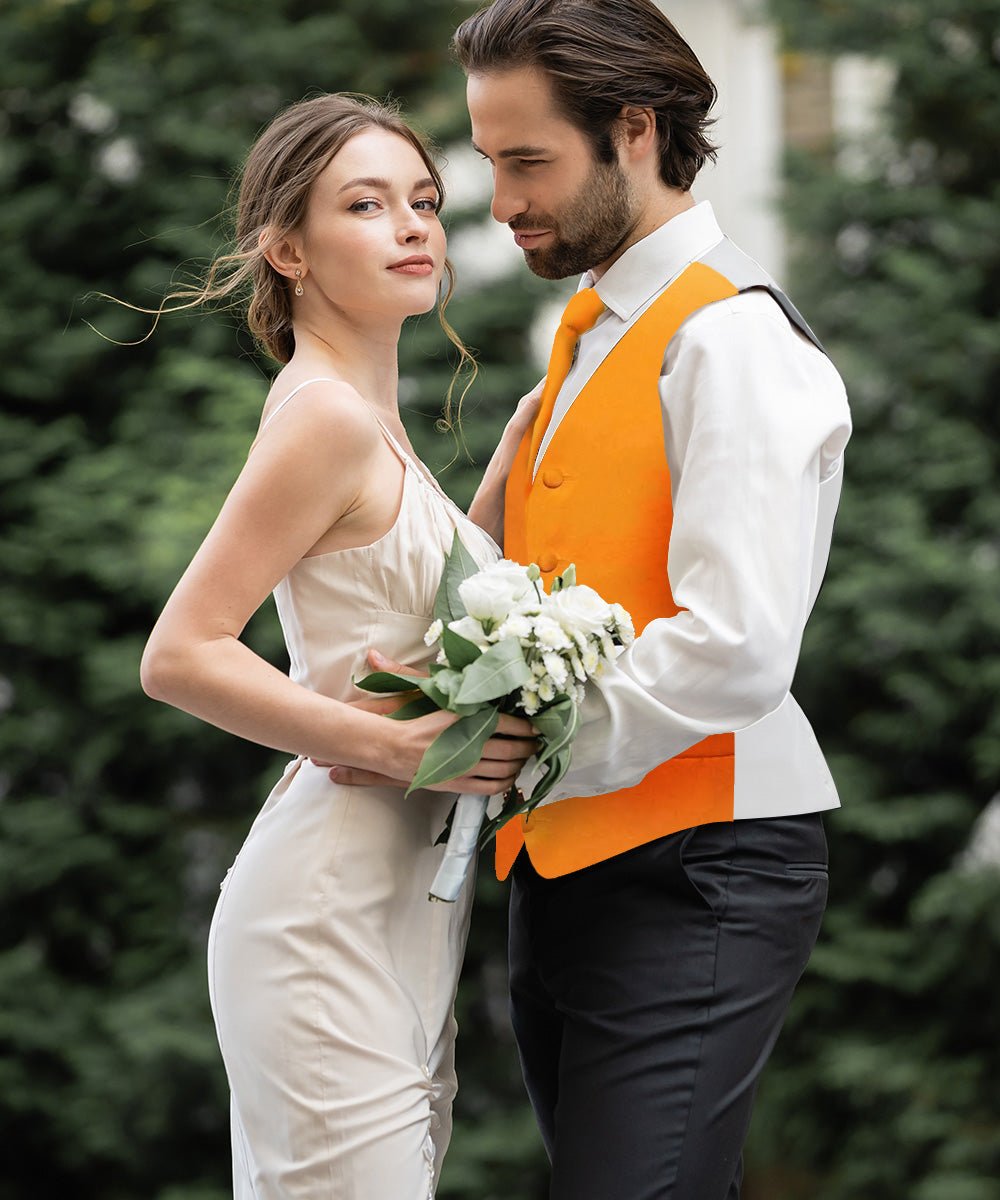 Vittorio Farina Men's Satin Vest, Necktie, Bow Tie and Pocket Square Set (White Back) - vest_plain_WB_orange_XS - Classy Cufflinks