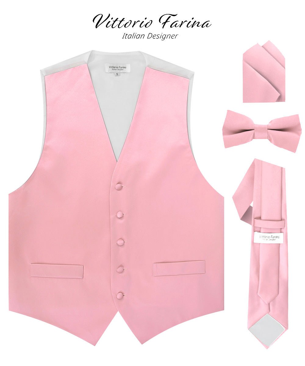 Vittorio Farina Men's Satin Vest, Necktie, Bow Tie and Pocket Square Set (White Back) - vest_plain_WB_pink_XS - Classy Cufflinks