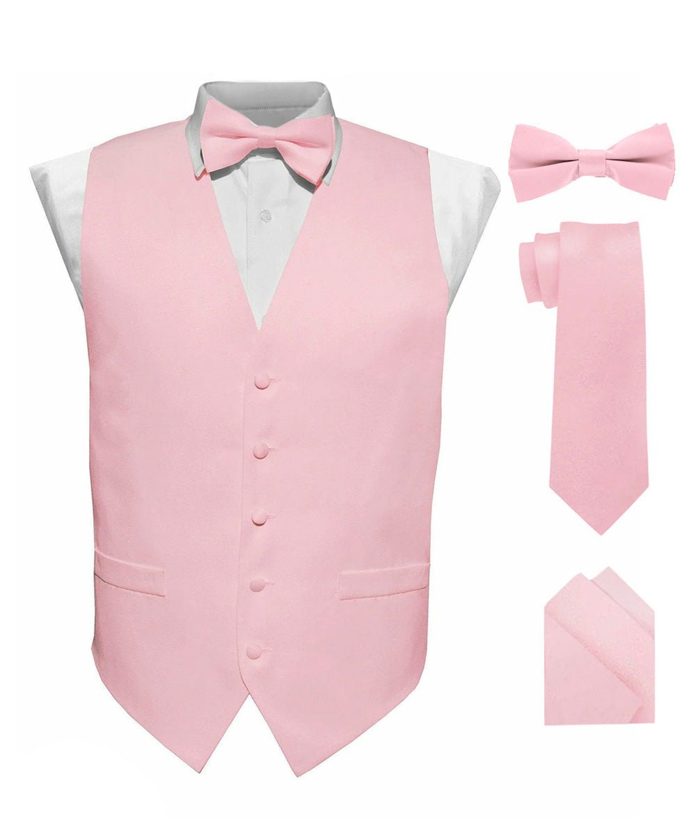 Vittorio Farina Men's Satin Vest, Necktie, Bow Tie and Pocket Square Set (White Back) - vest_plain_WB_pink_XS - Classy Cufflinks