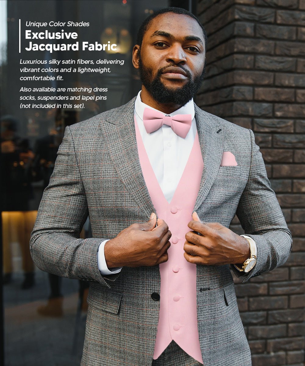 Vittorio Farina Men's Satin Vest, Necktie, Bow Tie and Pocket Square Set (White Back) - vest_plain_WB_pink_XS - Classy Cufflinks