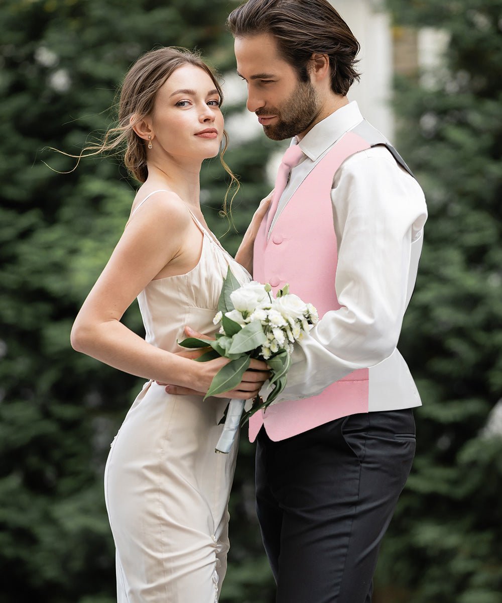 Vittorio Farina Men's Satin Vest, Necktie, Bow Tie and Pocket Square Set (White Back) - vest_plain_WB_pink_XS - Classy Cufflinks
