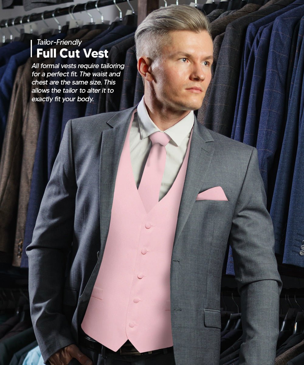 Vittorio Farina Men's Satin Vest, Necktie, Bow Tie and Pocket Square Set (White Back) - vest_plain_WB_pink_XS - Classy Cufflinks