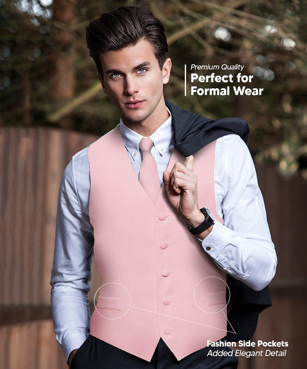 Vittorio Farina Men's Satin Vest, Necktie, Bow Tie and Pocket Square Set (White Back) - vest_plain_WB_pink_XS - Classy Cufflinks