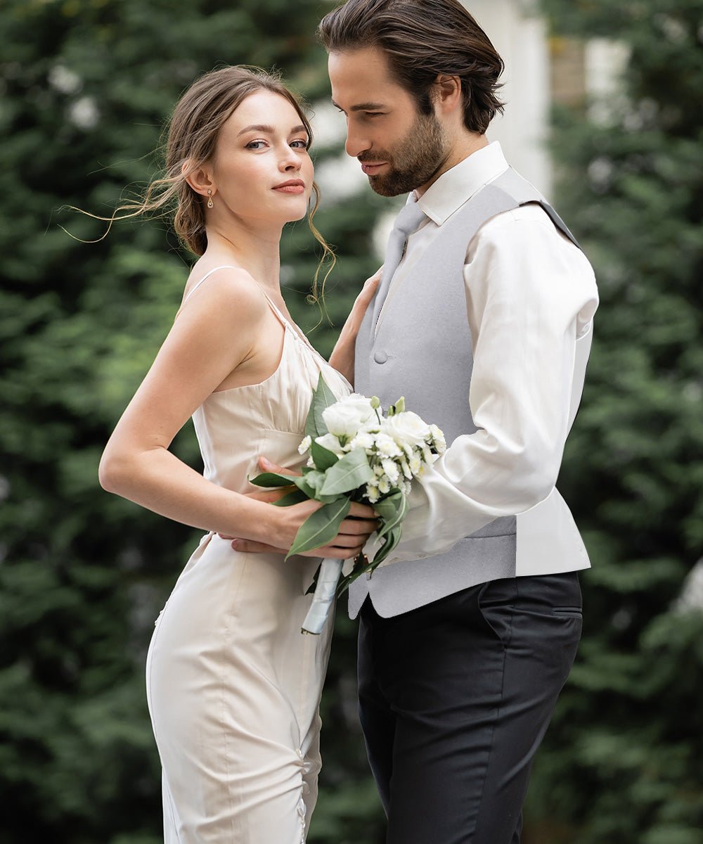 Vittorio Farina Men's Satin Vest, Necktie, Bow Tie and Pocket Square Set (White Back) - vest_plain_WB_silvergrey_XS - Classy Cufflinks