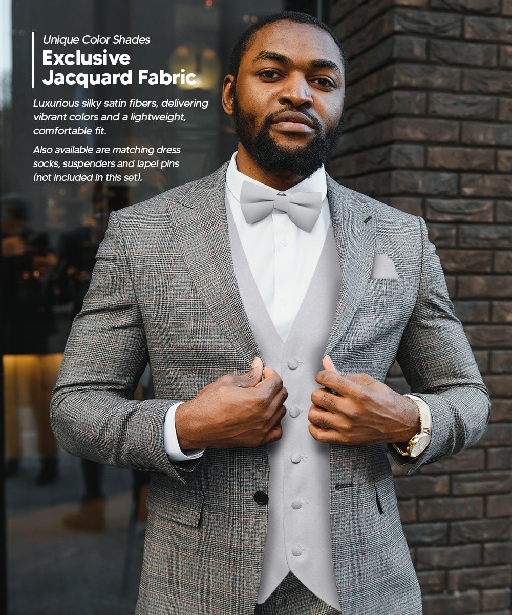 Vittorio Farina Men's Satin Vest, Necktie, Bow Tie and Pocket Square Set (White Back) - vest_plain_WB_silvergrey_XS - Classy Cufflinks