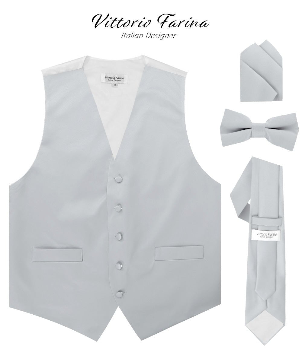 Vittorio Farina Men's Satin Vest, Necktie, Bow Tie and Pocket Square Set (White Back) - vest_plain_WB_silvergrey_XS - Classy Cufflinks