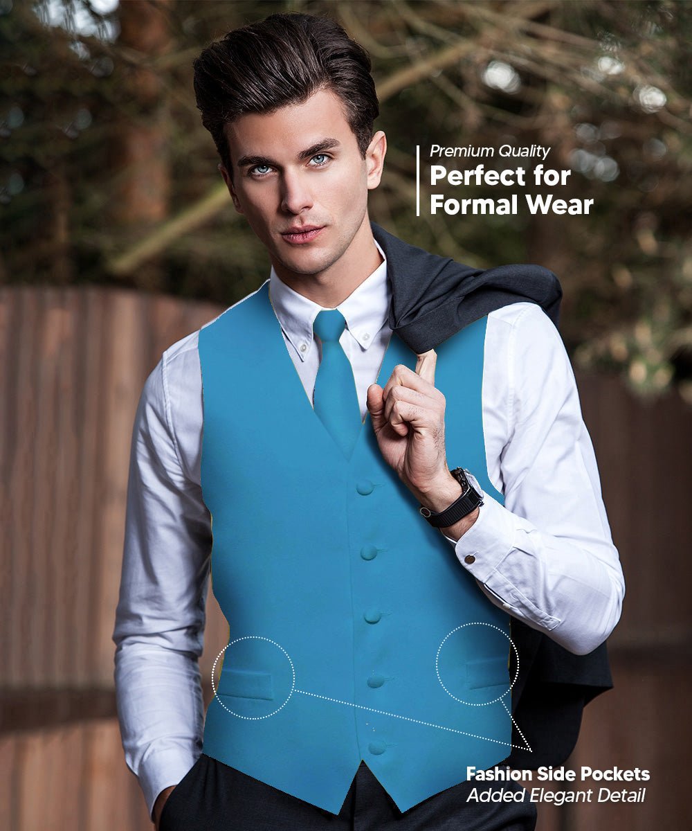 Vittorio Farina Men's Satin Vest, Necktie, Bow Tie and Pocket Square Set (White Back) - vest_plain_WB_turquoise_XS - Classy Cufflinks