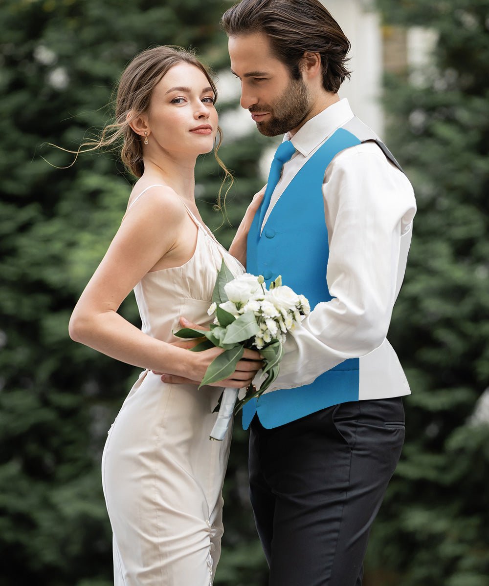 Vittorio Farina Men's Satin Vest, Necktie, Bow Tie and Pocket Square Set (White Back) - vest_plain_WB_turquoise_XS - Classy Cufflinks