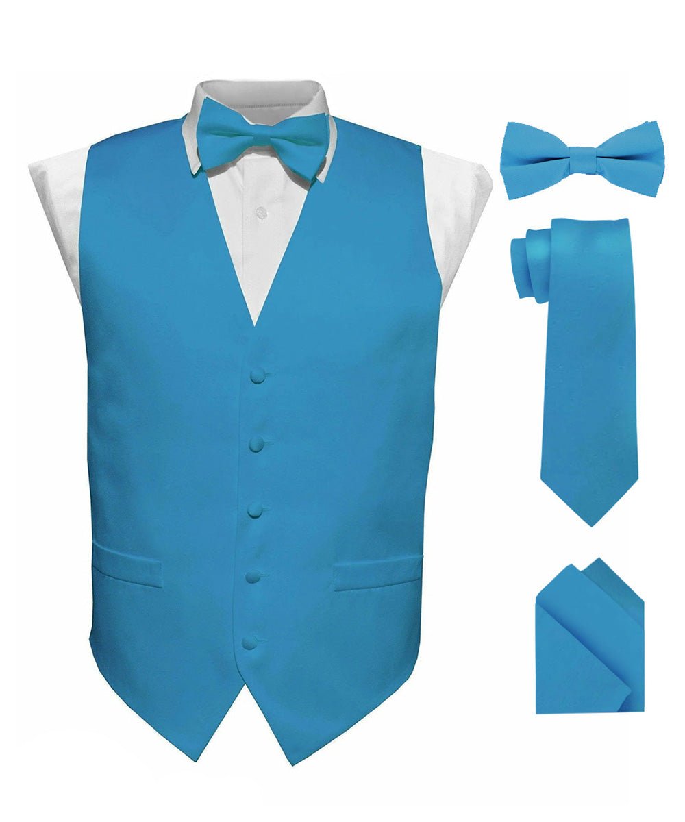 Vittorio Farina Men's Satin Vest, Necktie, Bow Tie and Pocket Square Set (White Back) - vest_plain_WB_turquoise_XS - Classy Cufflinks