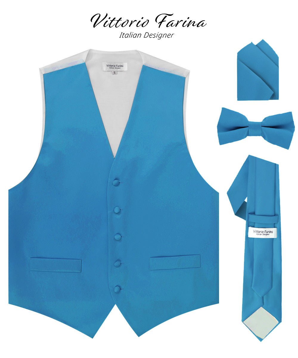 Vittorio Farina Men's Satin Vest, Necktie, Bow Tie and Pocket Square Set (White Back) - vest_plain_WB_turquoise_XS - Classy Cufflinks
