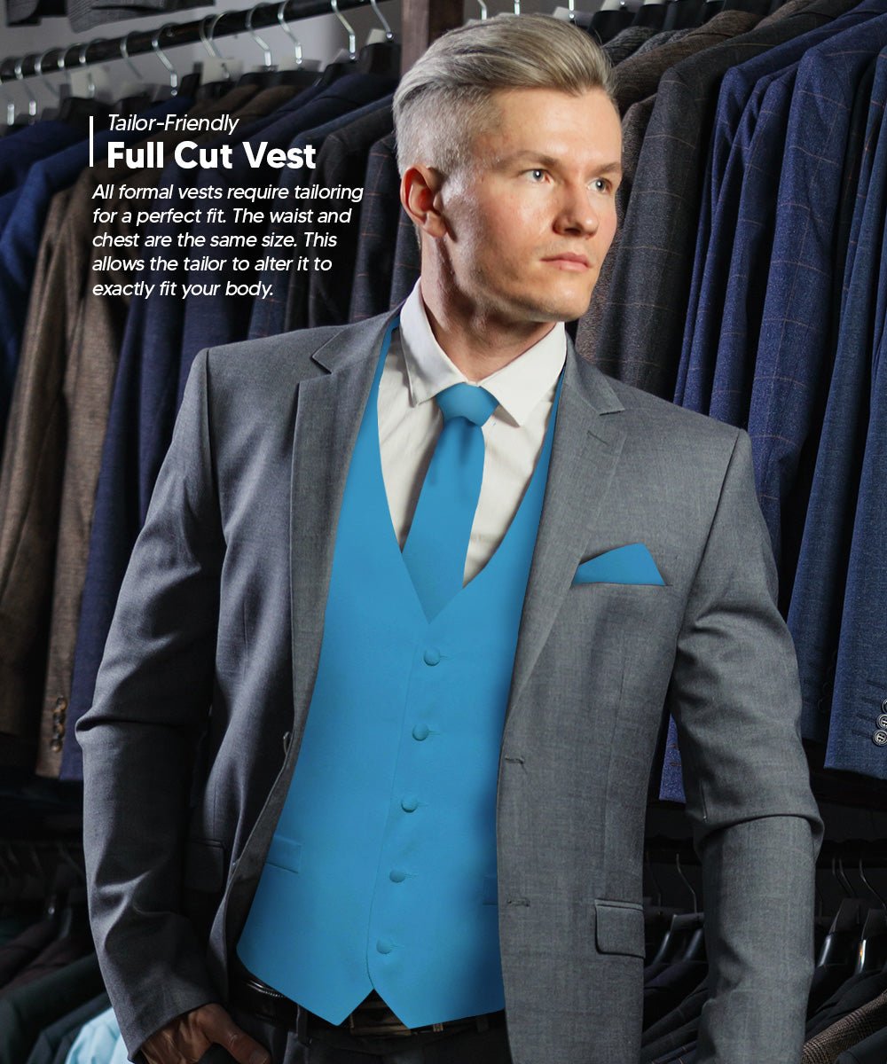 Vittorio Farina Men's Satin Vest, Necktie, Bow Tie and Pocket Square Set (White Back) - vest_plain_WB_turquoise_XS - Classy Cufflinks