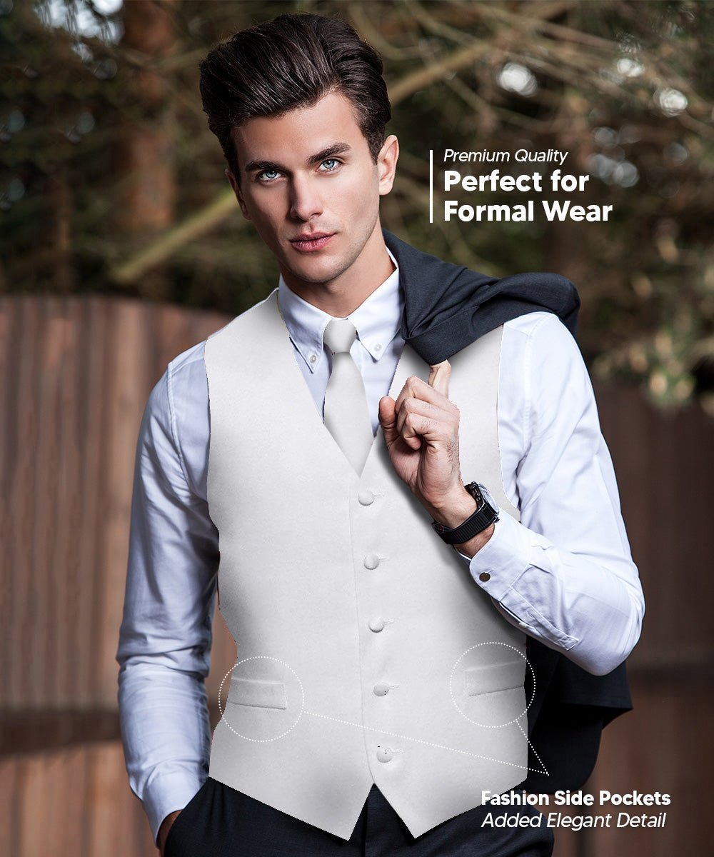 Vittorio Farina Men's Satin Vest, Necktie, Bow Tie and Pocket Square Set (White Back) - vest_plain_WB_white_XS - Classy Cufflinks