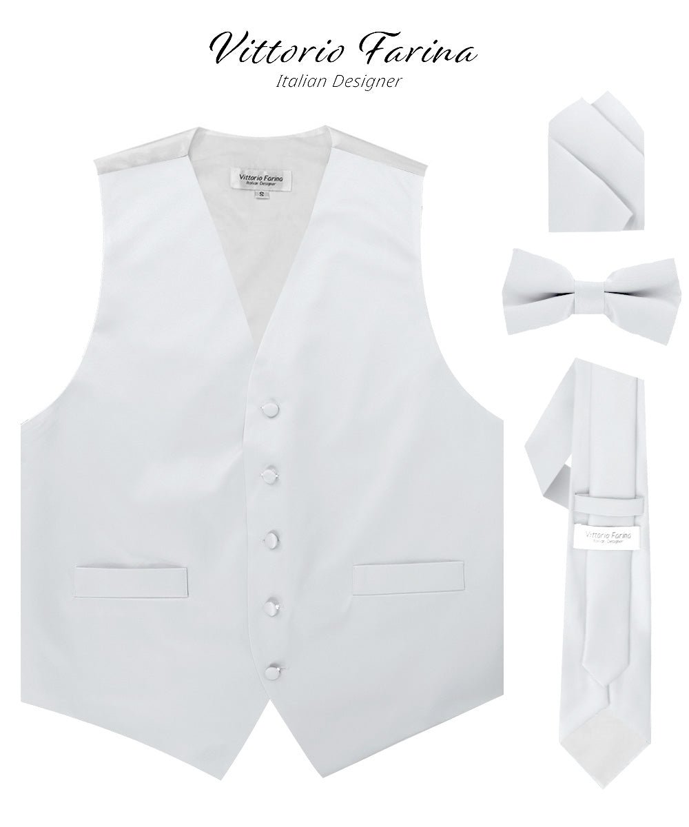 Vittorio Farina Men's Satin Vest, Necktie, Bow Tie and Pocket Square Set (White Back) - vest_plain_WB_white_XS - Classy Cufflinks