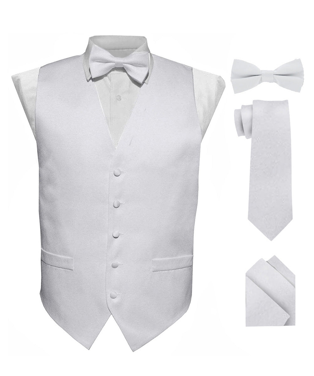 Vittorio Farina Men's Satin Vest, Necktie, Bow Tie and Pocket Square Set (White Back) - vest_plain_WB_white_XS - Classy Cufflinks