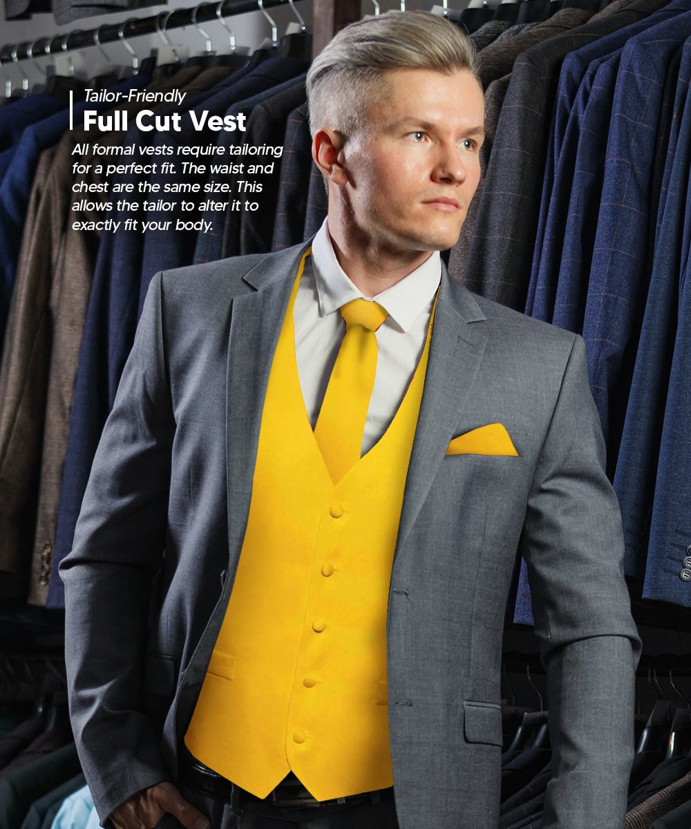 Vittorio Farina Men's Satin Vest, Necktie, Bow Tie and Pocket Square Set (White Back) - vest_plain_WB_yellow_XS - Classy Cufflinks