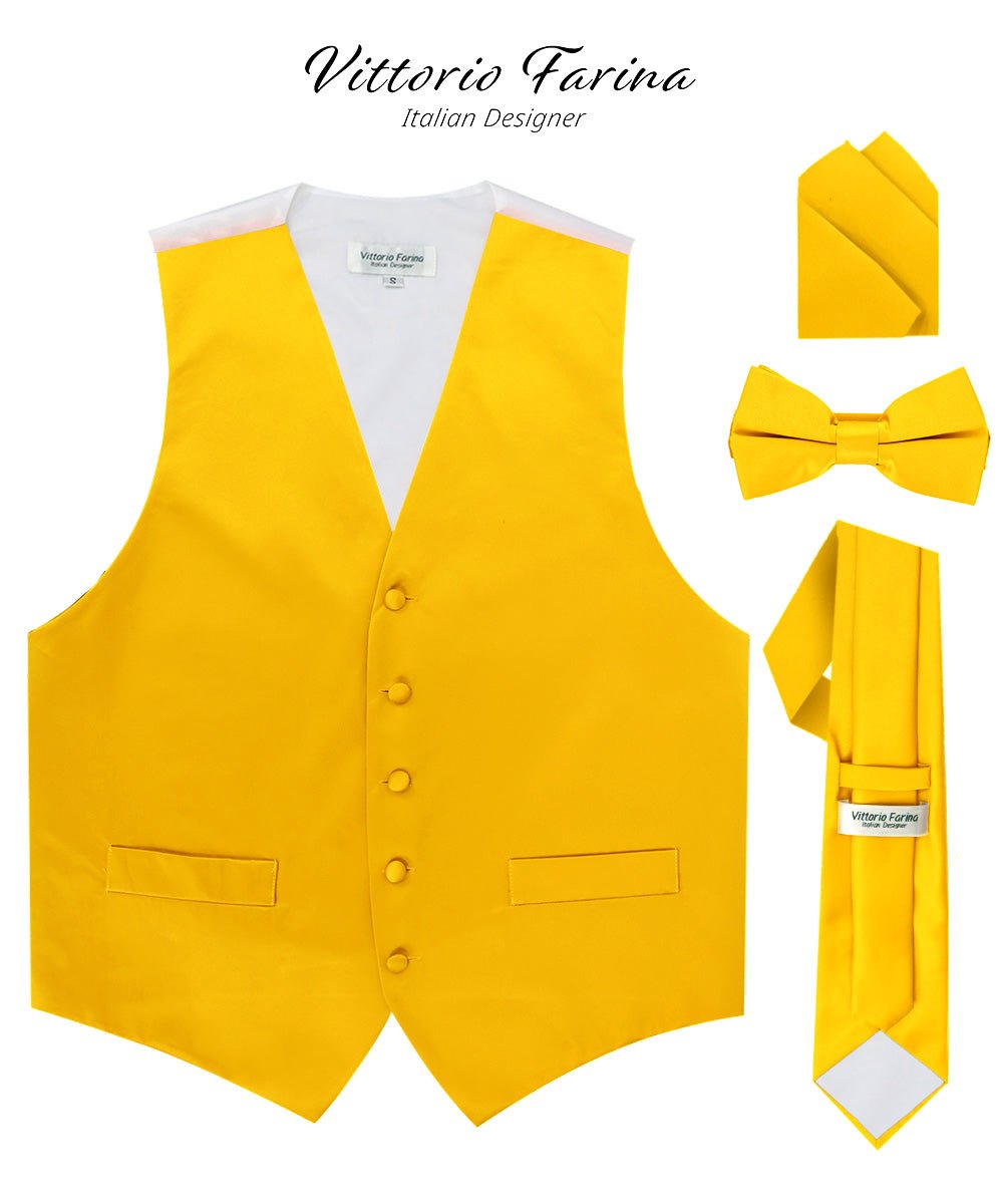 Vittorio Farina Men's Satin Vest, Necktie, Bow Tie and Pocket Square Set (White Back) - vest_plain_WB_yellow_XS - Classy Cufflinks